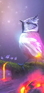 A vibrant fantasy bird with glowing effects and colorful surroundings.