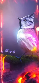 Vibrant fantasy bird on landscape with glowing colors.