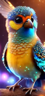 Vibrant digital art of a fantasy bird with colorful, glowing feathers.