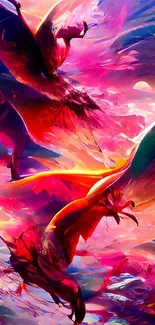 Colorful fantasy birds with pink hues in abstract artwork.