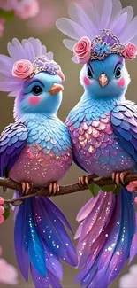 Colorful fantasy birds with blossoms on a branch.