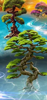 Vibrant fantasy bonsai trees with a surreal background.