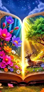Magical book with vibrant flowers and deer in a fantasy scene.
