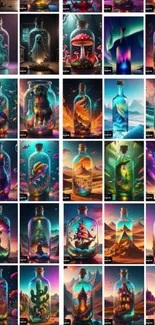 Colorful fantasy worlds in bottles on mobile wallpaper.