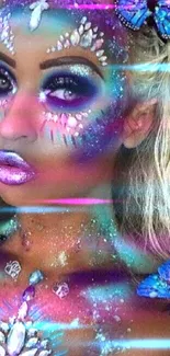 Fantasy butterfly makeup in neon blue and purple tones.