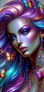 Vibrant fantasy art with a colorful woman and butterflies.