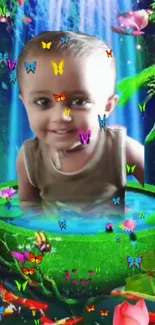 Smiling child in fantasy scene with colorful butterflies and waterfall.