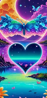 Colorful fantasy scene with butterfly, moon, and heart over a lake.