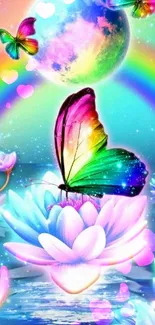 Colorful butterfly on lotus with rainbow and moon.