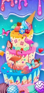 Colorful fantasy cake with flamingos and butterflies on a vibrant background.