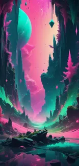 Vibrant fantasy landscape with bright pinks and teal hues.