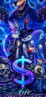 Fantasy cartoon art with iconic characters and vibrant colors.