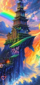 Vibrant fantasy castle with rainbow sky.