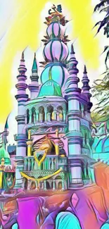 Fantasy castle illustration with vibrant colors.