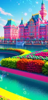 Colorful fantasy castle with vibrant gardens.