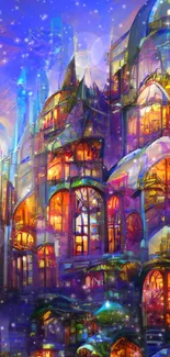 Vibrant fantasy castle with glowing windows in a colorful, magical sky.