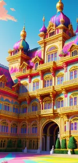 Vibrant fantasy castle with colorful design under blue sky.