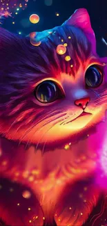 Colorful fantasy cat wallpaper glowing with magenta and blue hues.