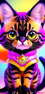 Vibrant fantasy cat with purple and orange hues in a colorful digital wallpaper.