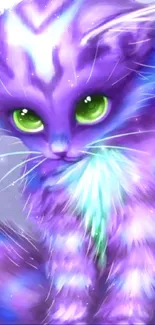 Fantasy cat wallpaper with vibrant purple hues and striking green eyes.