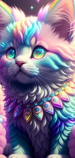 Vibrant rainbow kitten in colorful fantasy setting for phone wallpaper.