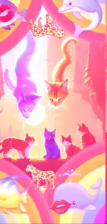 Fantasy cats with colorful rainbows and magical scenery.