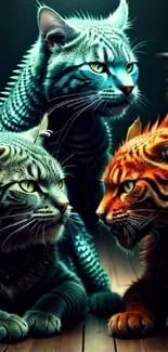 Intricately detailed fantasy cats artwork on a vibrant digital wallpaper.