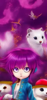 Fantasy character with purple hair, surrounded by mystical animals and vibrant clouds.