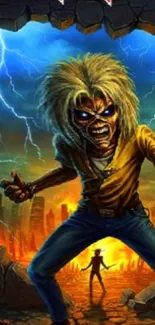 Fantasy character in dramatic, colorful scene with intense expression.