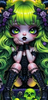 Fantasy character with green hair and mystical elements in digital art.