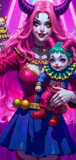 Fantasy character with vibrant colors, pink hair, and playful theme.