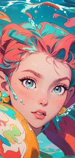 Vibrant fantasy character with teal hair in colorful digital art.