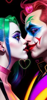 Colorful fantasy character duo with vibrant makeup and hair on black background.