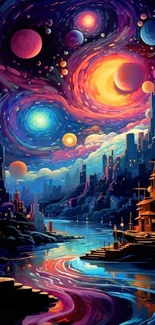 Colorful fantasy cityscape with swirling cosmic sky.