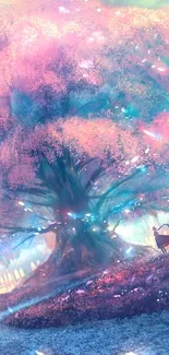 Magical tree amidst fantasy cityscape with vibrant colors.