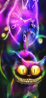 Vibrant fantasy cat with melting clock, neon colors.