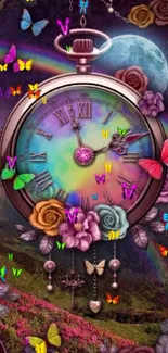 Vibrant fantasy clock with butterflies and flowers, set in a mystical landscape.