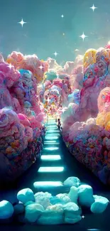 Vibrant fantasy cloudscape with pastel colors in a dreamlike pathway.