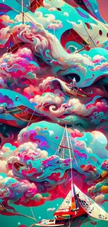 Vibrant fantasy wallpaper with colorful clouds and sailing ships.