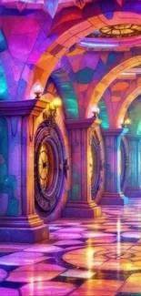 Vibrant fantasy corridor with colorful arches and lights.