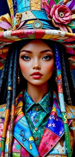 Intricate colorful fantasy costume portrait with vibrant details.