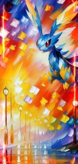 Fantasy creature with vibrant colors in a dreamlike urban setting.