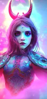 Fantasy creature wallpaper with vibrant neon colors and mystical horned figure.