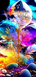 Colorful crystals and pebbles on mobile wallpaper.