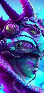 Futuristic fantasy helmet art in vibrant purple and blue.