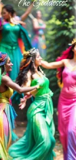 Colorful goddesses dancing in forest fantasy scene.