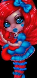 Whimsical doll character with red hair and blue dress on black background.