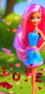 Bright doll in blue dress with hearts in a lush garden background.