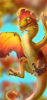 Vibrant dragon with orange wings in fantasy world