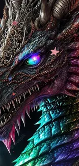 Vibrant multicolored dragon wallpaper with intricate scales and glowing eyes.